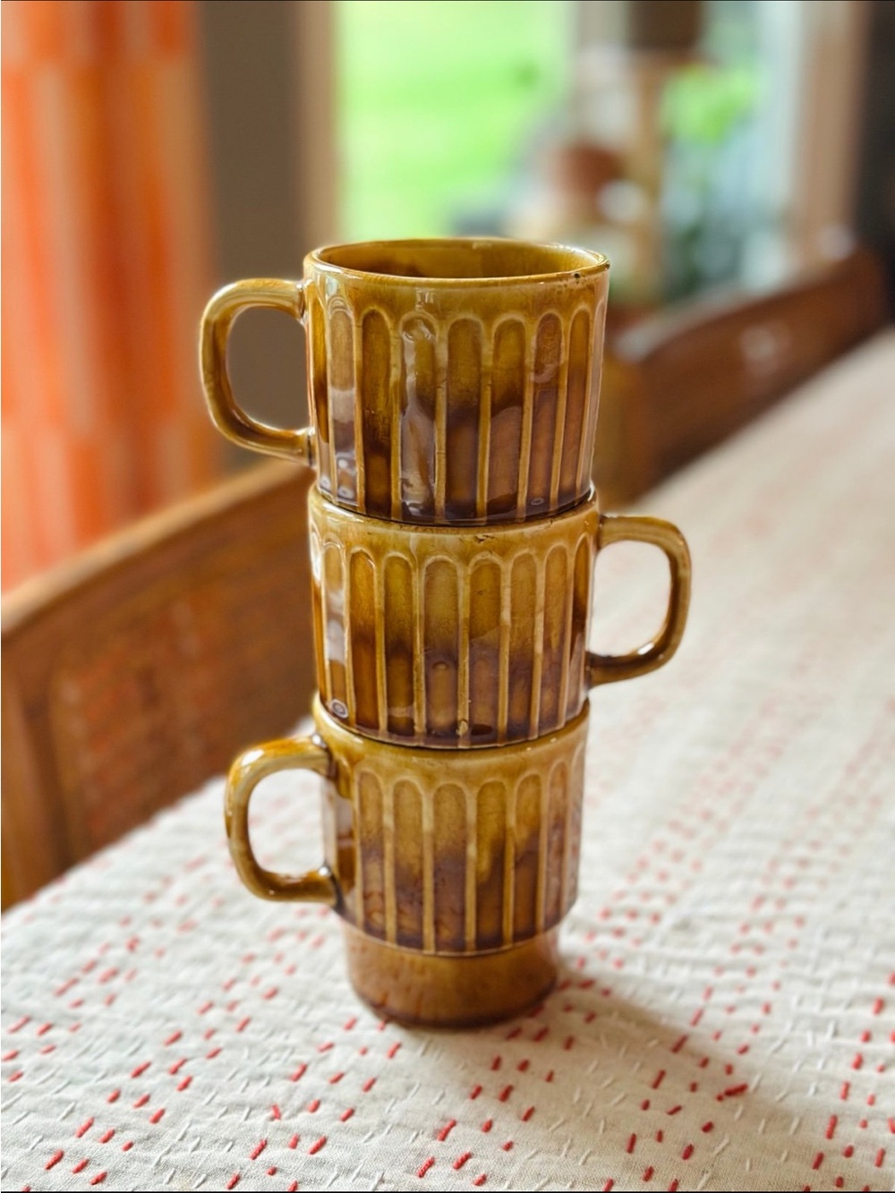 Vintage ceramic drip glaze, stacking mugs